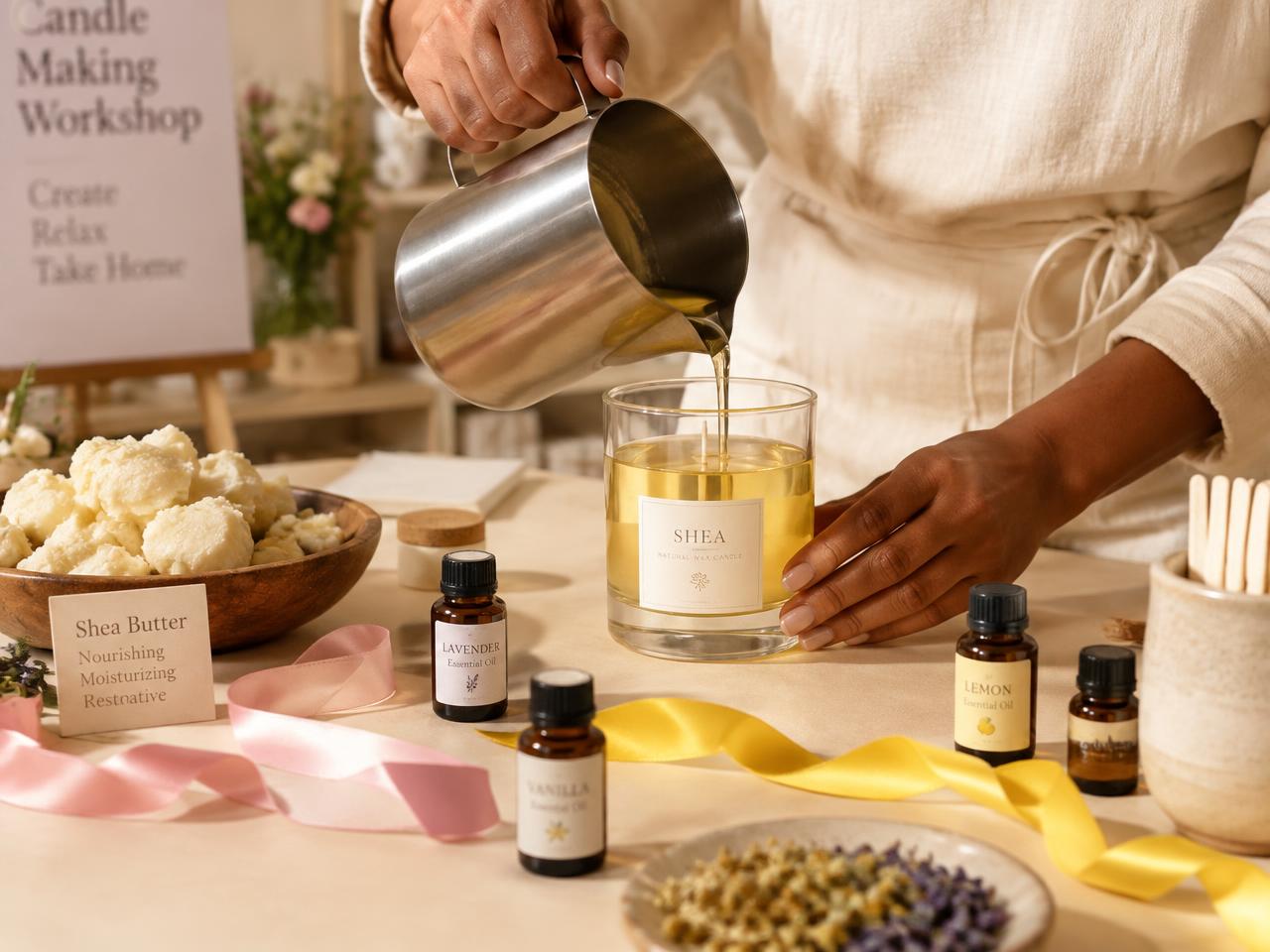 Hands pouring wax into a candle jar during a workshop
